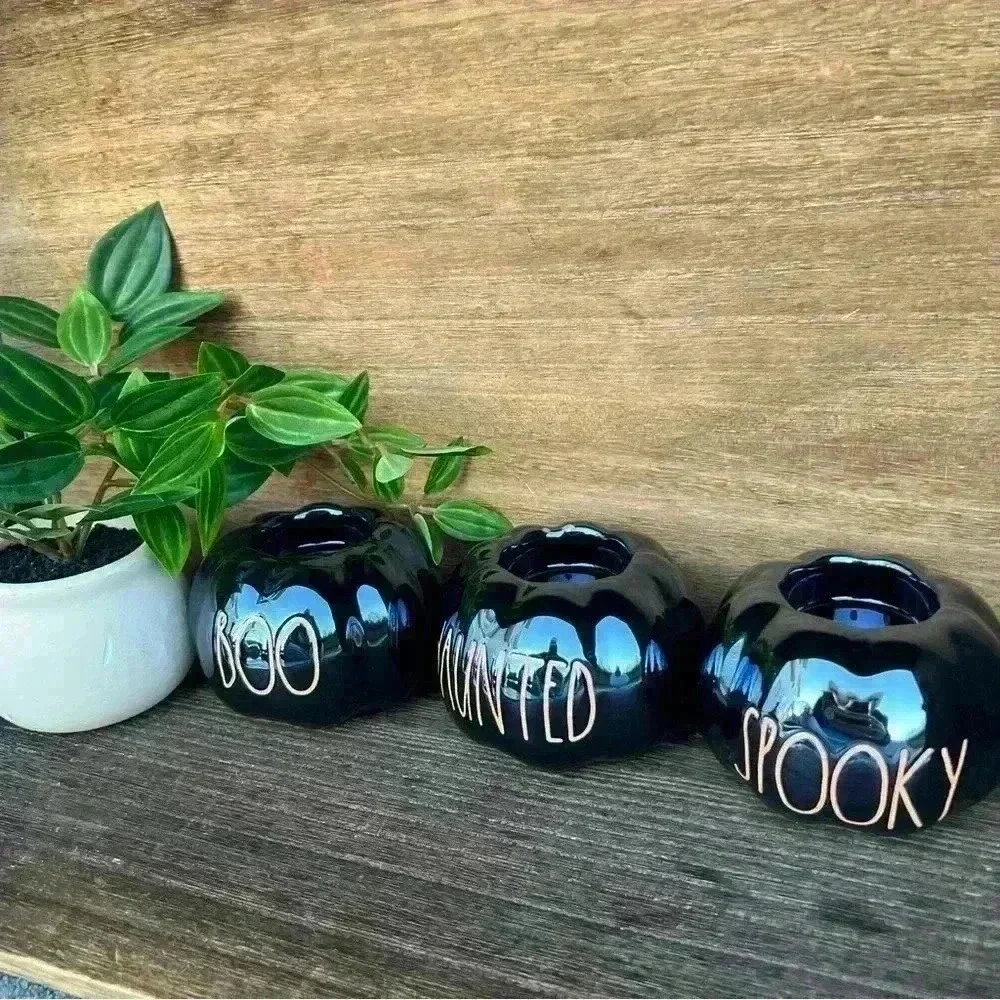 NEW Set of (3)Rae Dunn BOO/SPOOKY/HAUNTED pumpkin candle Holders WITHOUT candles